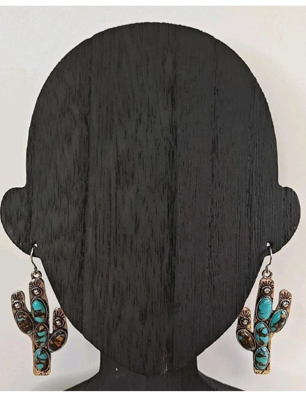Southwestern Dangle Earrings Turquoise Saguaro Cactus Etched Sunburst Silver 2